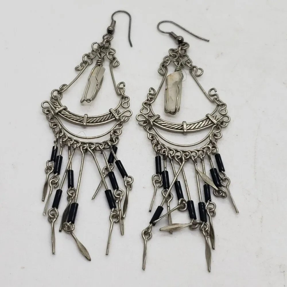 Vtg Silver Clear Quartz & Onyx Beads Handmade Boho Dangle Drop Earrings